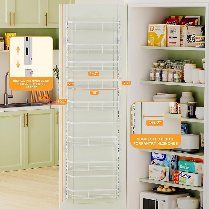 Apinol Over The Door Pantry Organizer, 8 Tier Adjustable Pantry Door Organization and Storage, Spice Rack with Hooks Mounted Shelves for Pantry Kitchen Essentials, White - Image 3