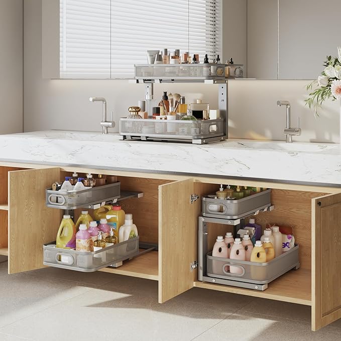 1 Pack 15.7IN-Depth Under Sink Organizer With Smooth Cylindrical Rail,2-Tier Pull Out Multi-Purpose Cabinet Storage for Bathroom&Kitchen,Height Adjustable,Rust-resistant Coating-Gun Gray - Image 6