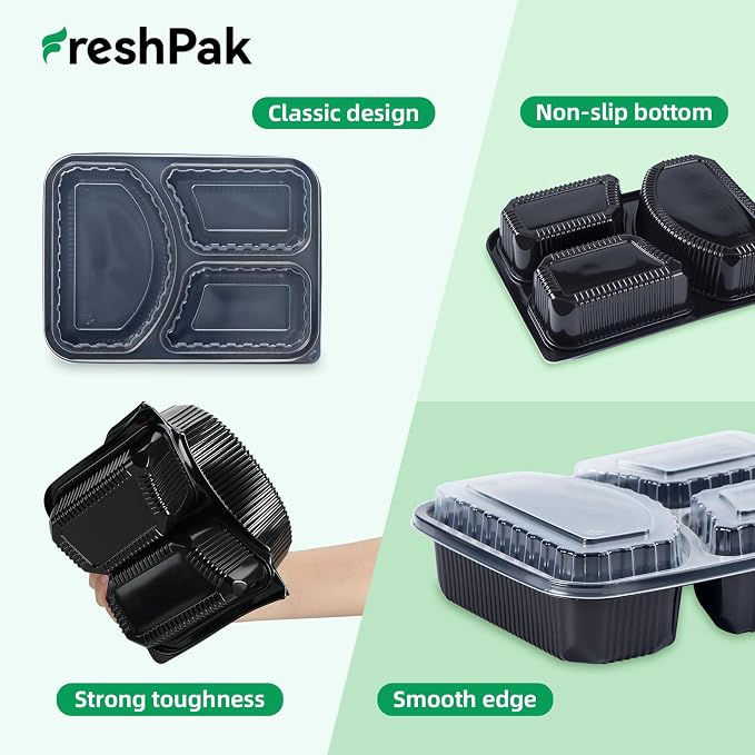 40 Pack 38oz Meal Prep Containers - Shrink Wrap Ready To Use | Reusable Leakproof 3 Compartment To Go Boxes | BPA-Free, Microwave & Freezer Safe | Portion Control Takeout Food Storage - Image 5