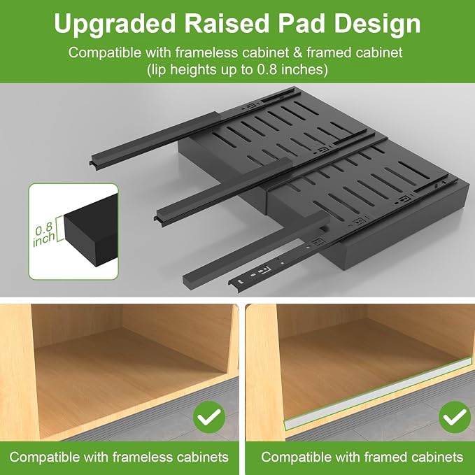 2-Pack Expandable Pull Out Cabinet Organizer 21"Deep(12.2"-20.5"W), 3 Full Extension Glides Slide Out Drawers, Roll Out Shelves Adhesive Raising Pad,Compatible Framed Cabinets,90lb Cap,Black - Image 3