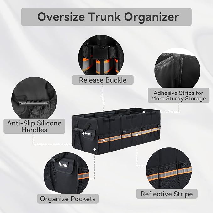 Car Trunk Organizer with Lid,Collapsible Car Storage Organizer with Multi Compartments and Securing Straps for SUV,Sedan,Jeep-Black - Image 5
