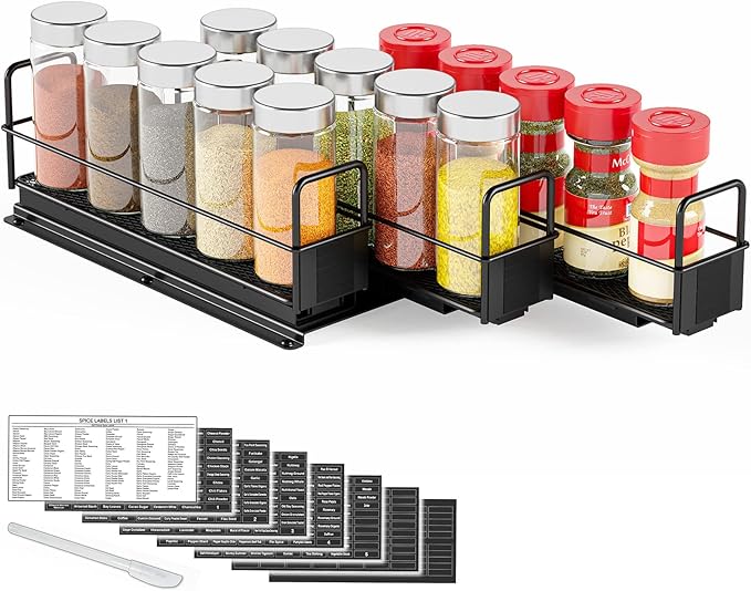 SpaceAid Pull Out Spice Rack Organizer for Cabinet, Heavy Duty Slide Out Seasoning Kitchen Organizer, Cabinet Organizer, with Labels, 7.7" W x10.75 D x4 H, 3 Drawers 1-Tier by SpaceAid