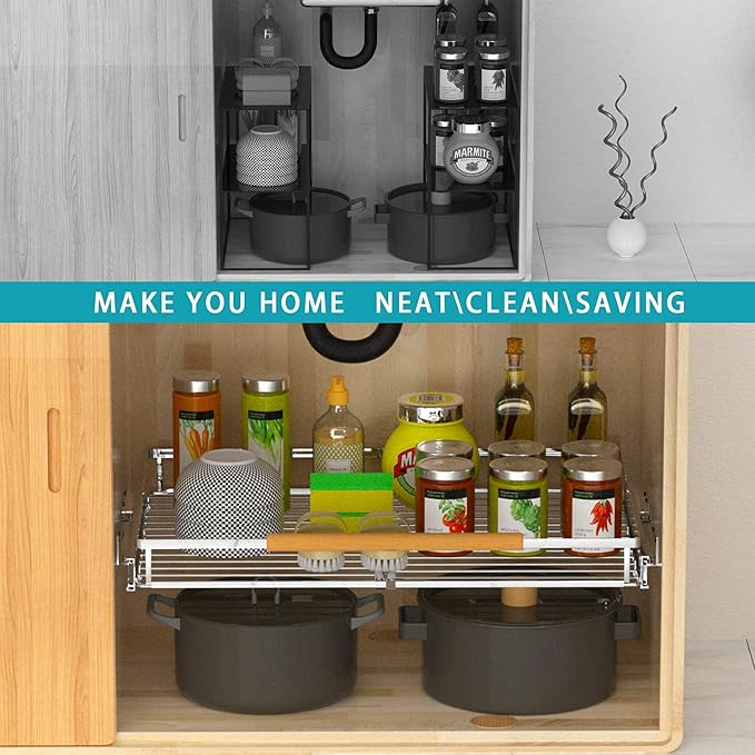 Large Pull Out Kitchen Cabinet Organizer, 22.7''-39.8''W x 22''D, Heavy Duty Slide Out Pantry Shelves Sliding Drawer Storage for Kitchen, Under Sink, Bathroom, Wardrobe, Steel Metal - Image 5