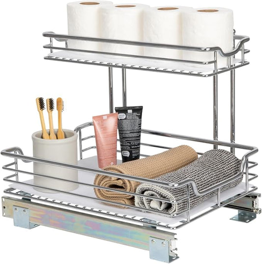 Household Essentials Glidez Chrome-Plated Steel Pull-Out/Slide-Out Storage Organizer with Plastic Liners for Under Sink or Cabinet Use - 2-Tier Design - Fits Standard Size Cabinet or Shelf, Chrome by HouseholdEssentials