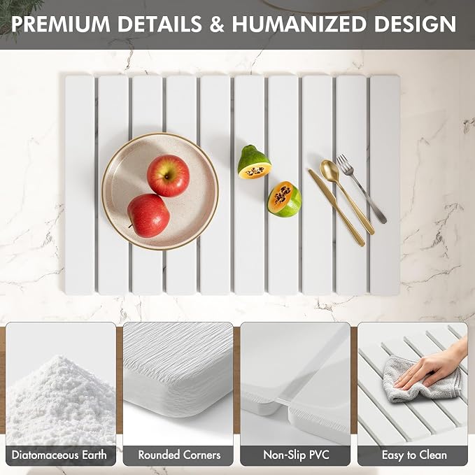 4 Pcs Stone Dish Drying Mat Set, 24''x16'' Large Super Absorbent Diatomaceous Earth Stone Drying Mat Faucet Mat with 2 Coasters, Collapsible Quick Dry Mat for Kitchen Counter Dishes - Image 7