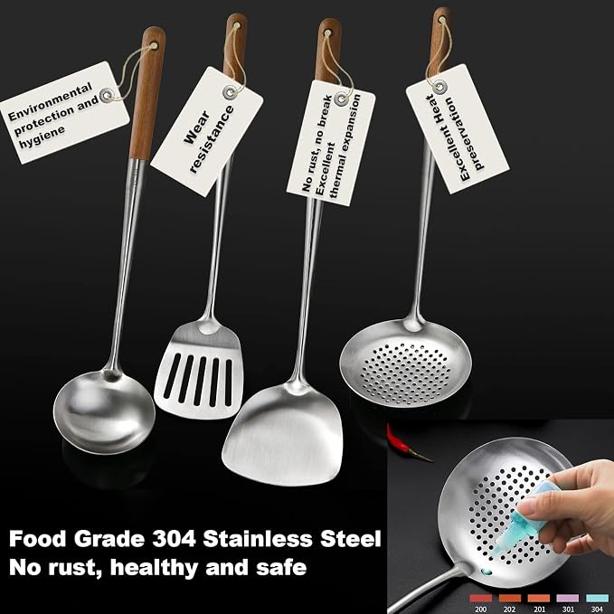 Wok Utensils for Carbon Steel, Stainless Steel Wok Spatula 17 Inch | Extra long wooden handle-Anti-scald;Wok Tools Professional Set;Great for home use and commercial use; - Image 5