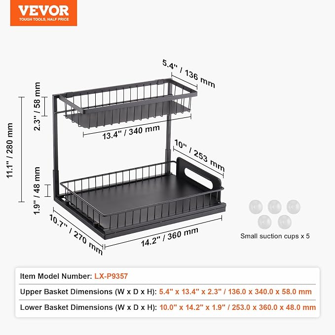 VEVOR 2 Tier Pull Out Cabinet Organizer(10.7"W x 14.2"D), Under Sink Organizer and Storage, Slide Out Drawer Cabinet Organizer, Wire Basket Sliding Storage, 12.5"Wx15.5"Dx13"H Install Size for Cabinet | Kitchen Slide Out Drawer Wire Basket Sliding Stor... - Image 7