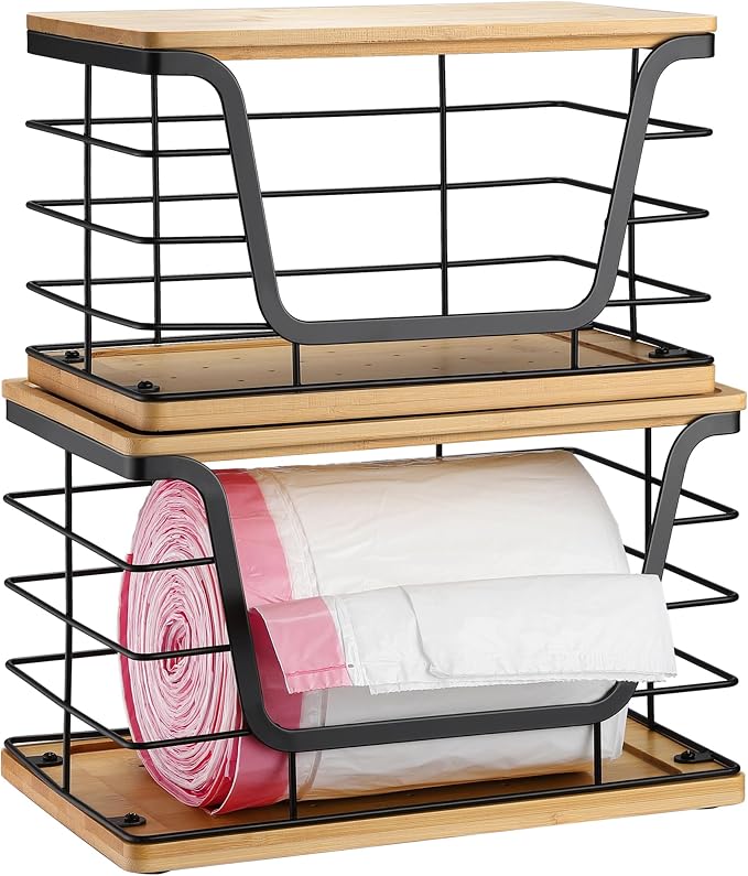 ALOCEO 2 Pack Large Garbage Bag Dispenser for 13/30/33 Gallon Bags, Potato and Onion Storage Baskets with Bamboo Lid, Stainless Steel Stackable Storage Bins for Kitchen Laundry Pantry Room - Image 4