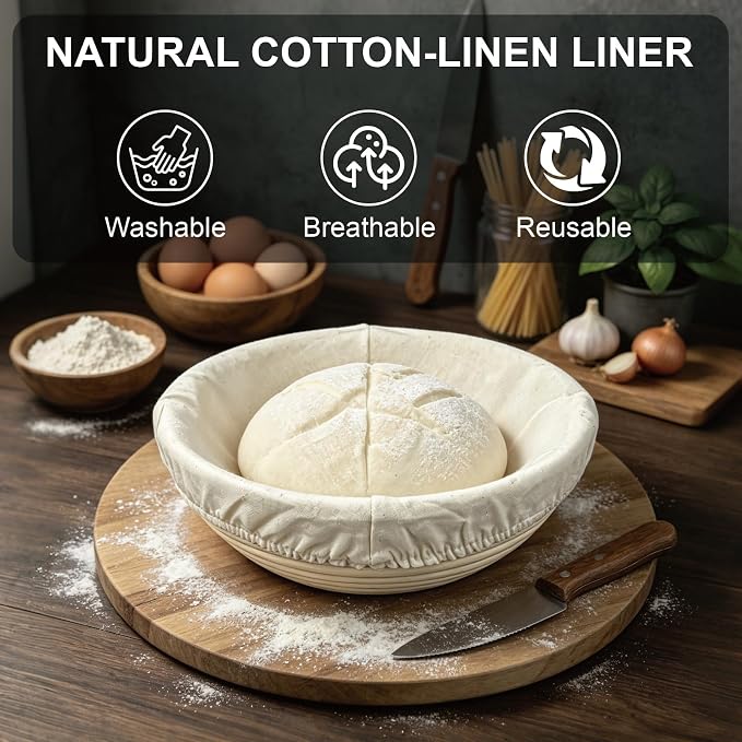 3 Pack Banneton Bread Proofing Basket, 9 Inch Round Sourdough Proofing Basket with Thick Liner, Splinter Free Food Grade Rattan Handwoven Bread Banneton for Home Baking - Image 4