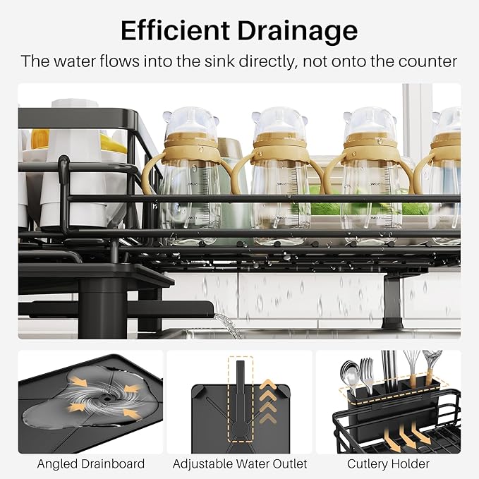 Expandable Dish Drying Rack for Kitchen Counter, Stainless Steel, Black | Foldable Over Sink, Large Capacity, Adjust to Fit Most Sinks, Angled Drainboard, Removable Utensil Holder, Slip Resistant - Image 5