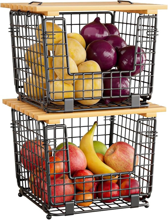 Wire Storage Basket for Kitchen Pantry: Stackable Kitchen Counter Organizers - Wire Organizing Bin for Produce Vegetable Potato and Onion Black by ZDXY