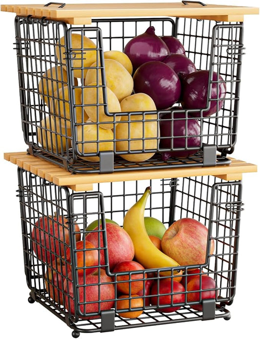 Wire Storage Basket for Kitchen Pantry: Stackable Kitchen Counter Organizers - Wire Organizing Bin for Produce Vegetable Potato and Onion Black by ZDXY