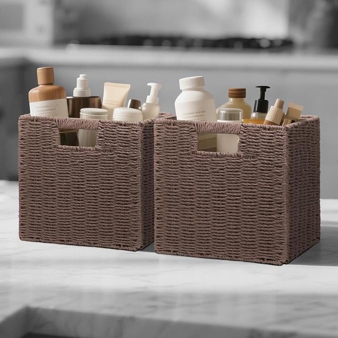 Wicker Storage Baskets for Organizing, 3 Pack Rustic Foldable Square Basket for Shelves, Handwoven Cubby Organizer Bins for Home Decor, Small Cube Storage Bin for Closet Organization (Brown 11 inch) - Image 3