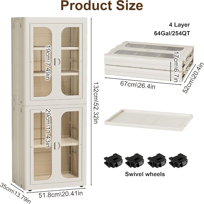 5-Tier Plastic Storage Cabinet with Adjustable Shelves | Stackable,Freestanding, Transparent Doors and Wheels, Tool-free Install, Durable PP, 20.41”×13.79”×52.32” Storage Organizer - Image 2