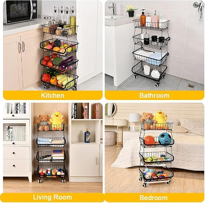 Fruit Vegetable Storage Basket, 4 Tier Stackable Metal Wire Storage Baskets with Wheels, Fruit Vegetable Produce Basket Organizer Bins for Kitchen, Pantry, Bathroom - Image 7