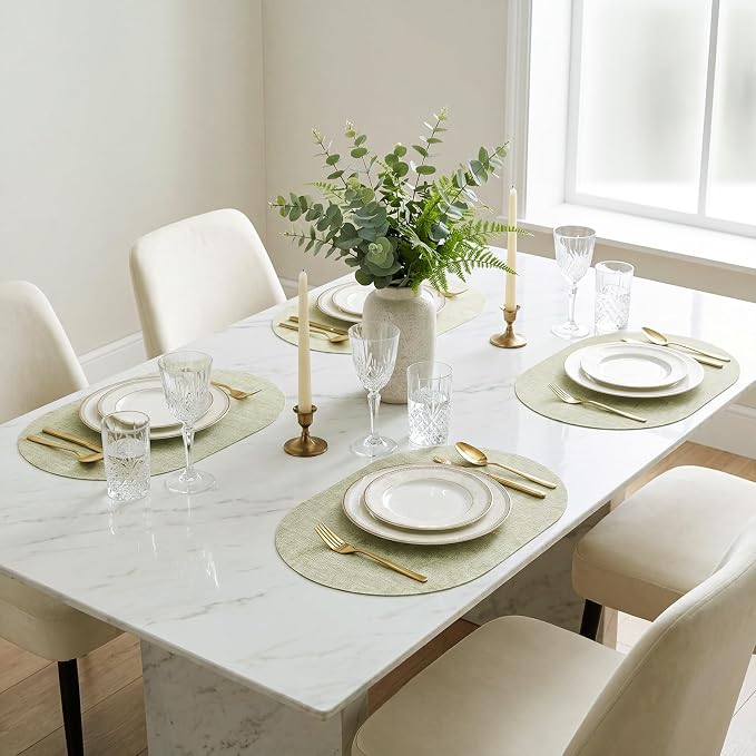 Placemats Set of 8-17" x 11.8" Waterproof & Heat Resistant Oval Place Mats, Wipeable Washable Double Layer Faux Leather Table Mats, Sage Green - Image 2