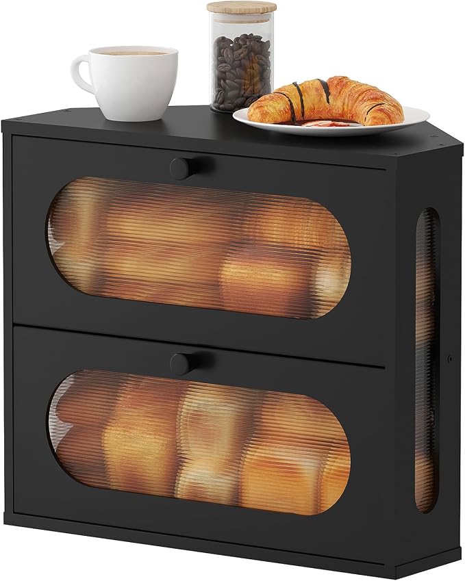 Corner Bread Box for Kitchen Countertop, 2026 New Double Layer Bamboo Bread Storage Bin, Large Bread Container for homemade bread (Black) by AUGOHCMIL