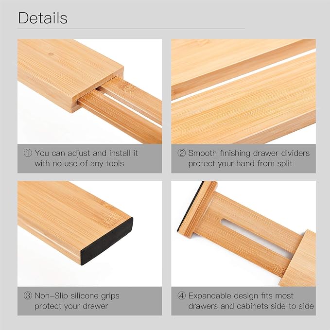Utoplike 4 pcs Bamboo Kitchen Drawer Dividers Cutlery Tray Silverware - Image 3