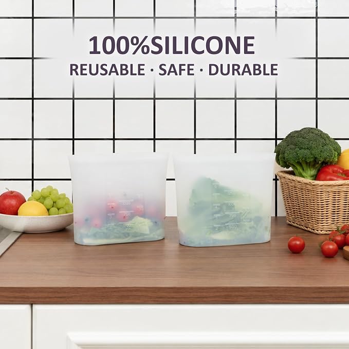 Small Reusable Silicone Food Storage Bags 4 Pack, 51fl oz/1500ml, 100% Silicone Stand-Up Wide-Open Zip-Lock Reusable Bags for Small Items, Microwave Freezer Oven Dishwasher Safe, Translucent - Image 2