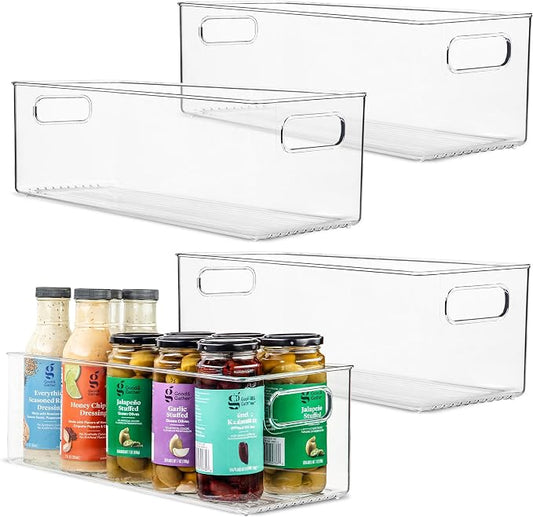 Plastic Food Storage 4 Pack Clear Container Bin with Handles for Organizing Kitchen, Pantry, Refrigerator, Freezer, Pantry, Cabinet, Closet, Bathroom. 16”x6”x5” by primebox