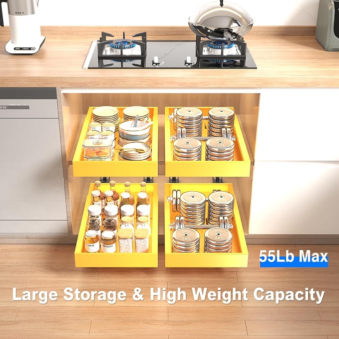 Mustorn 2 Pack Pull Out Cabinet Organizer,21.8" Deep Slide Out Drawer for Cabinets Adhesive Pull Out Drawers Heavy Duty Pull Out Shelves for Kitchen,Cupboard,Pantry,Bathroom-Yellow - Image 4