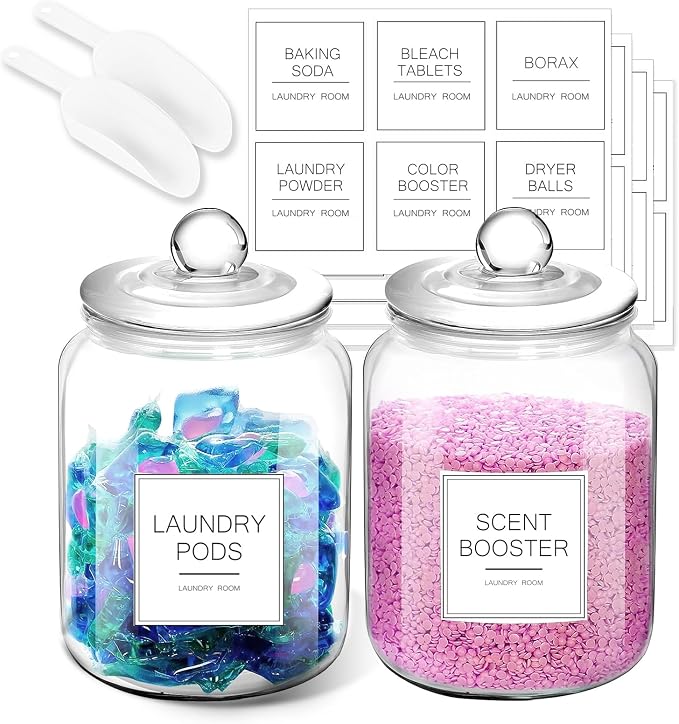 FyndraX Laundry Pods Glass Jars - Half Gallon Airtight Containers with Scoop and Labels for Organization and Storage Laundry Room Detergents Powder, Scent Booster Beads Holder, Set of 2 by FyndraX
