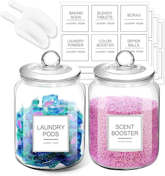FyndraX Laundry Pods Glass Jars - Half Gallon Airtight Containers with Scoop and Labels for Organization and Storage Laundry Room Detergents Powder, Scent Booster Beads Holder, Set of 2 by FyndraX