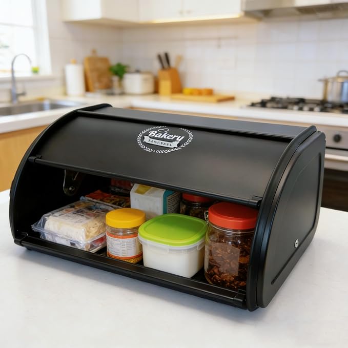 Vintage Roll-Top Bread Box, Black Stainless Steel Farmhouse | Small Metal Bread Bin Storage Container Kitchen Countertop Homemade Sourdough Loaf Roll Top - Image 4