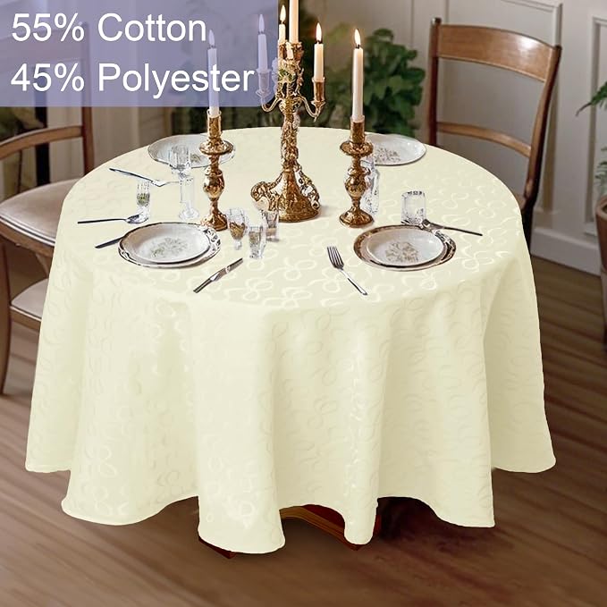 Cream Round Tablecloth 70 Inch (4-6 Seat) - Cotton Polyester, Wrinkle/Fade Resistant, Reusable - Luxury Jacquard Table Cloth - 1PC Circle Table Cover for Dining, Wedding & Birthday Party, Cream Bows - Image 5