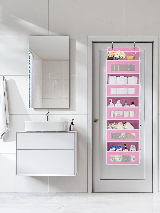 JARLINK Over the Door Organizer for Pantry, Bathroom, 5 Shelf Pink, 2 Pack | Anti-Tilt Design, 44 lb Load Capacity, Hanging Door Organizer with 5 Large Capacity Pockets, Behind Door Storage for Nursery - Image 3