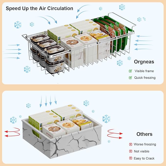 Orgneas Expandable Chest Freezer Organizer Bins Large Deep Freezer Basket | Real Capacity Adjustable 15.5"~24.5" with Removable Divider Sheets for Easy Sort and Organize Frozen Meat Food, 2Pcs - Image 6