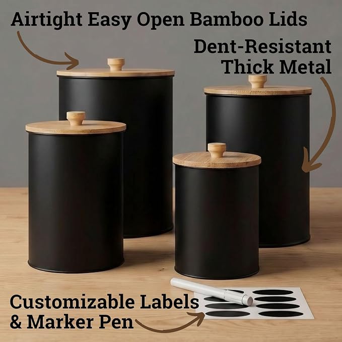 Kitchen Canisters for Countertop Set of 4 w/ Chalkboard Labels & Marker Pen | Airtight Easy Open Bamboo Lids, Dent-Resistant Thick Metal, Customizable Chalkboard Labels, Marker Pen Included, Set of 4 - Image 2