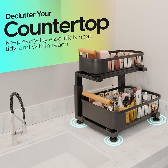 Premium Large Under Sink Organizer, 2-Tier Pull Out, Adjustable | Heavy-duty carbon steel, 7 adjustable heights and smooth ball-bearing sliding baskets for kitchen and bathroom cabinets - Image 5
