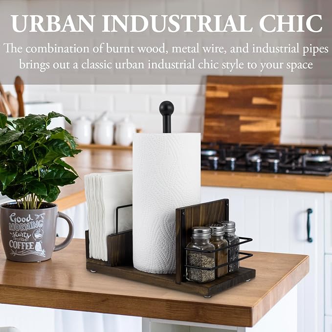 MyGift Rustic Burnt Solid Wood and Industrial Matte Black Metal Dining Combination Caddy with Paper Towel Roll Dispenser Stand, Napkin Holder, and Spice Rack - Image 2