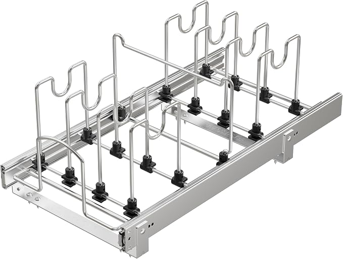 Pull Out Pots and Pans Organizer Under Cabinet, Sliding Adjustable Pot Rack with 9 Adjustable Dividers, Chrome-Plated Pot and Pan Holder Rack, Full-Extension Rail for Kitchen Organization 12" W*22" D - Image 9