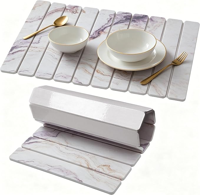 Stone Drying Mat for Kitchen Counter, Quick Diatomaceous Earth Mats for Dishes, 24"L x 16" W Super Absorbent Fast-Drying Collapsible Countertop Stone Mat (Marble White-06, 24" x 16") by Unknown