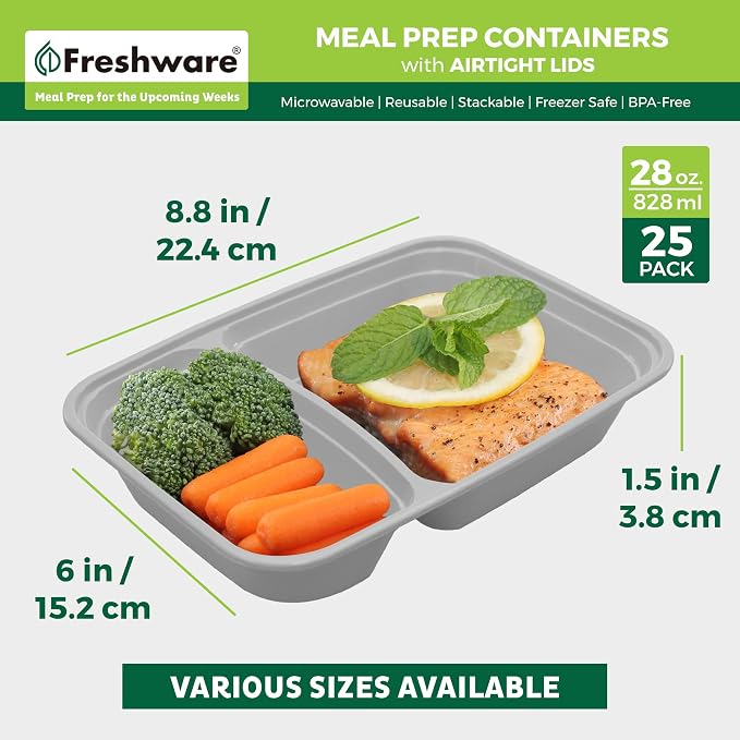 Freshware Meal Prep Containers with Lids 28 oz [25 Pack] 2-Compartment Food Storage Containers, Bento Box Lunch Containers, BPA Free, Airtight, Stackable, Reusable, Microwave/Dishwasher/Freezer Safe - Image 4