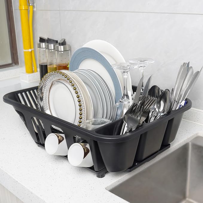 KOOMADE 2-Pack Large Dish Drying Rack for Kitchen Counter -Dish Drainer Set with Drainboard Heavy Duty Plastic Counter Organizer for Dishes, Cups, Knives, Spoons and Forks, Made in USA (Black) - Image 2