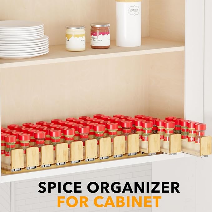 SpaceAid Bamboo Pull Out Spice Rack Organizer for Cabinet, Heavy Duty Slide Out Seasoning Kitchen Pantry Sliding Vertical Organization, 10.1" Wide, 4 Drawers(2" Wide), 1-Tier, Natural - Image 6