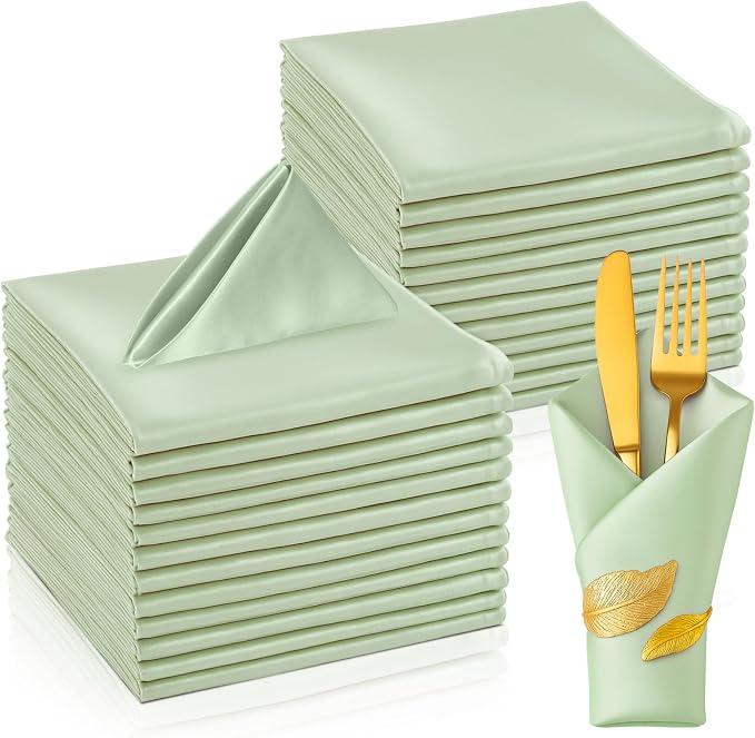100 Pcs Sage Cloth Napkins, 17 x 17 Inch Square Green Cloth Napkin Washable Reusable Dinner Napkin Soft Smooth Satin Napkins for Christmas, Halloween, Weddings, Banquets, Parties, Restaurant by Unknown