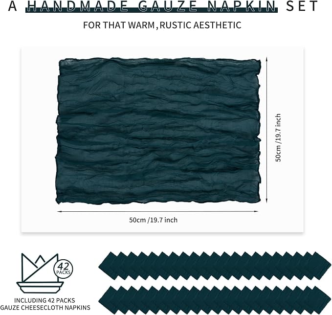 42 Packs Gauze Cheesecloth Napkins 20 x 20 Inch Dark Teal Wrinkled Dinner Napkins Bulk, Rustic Boho Soft Cloth Napkin for Wedding Party Event Dinner Table Decoration - Image 2
