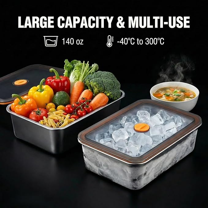 Stainless Steel Food Storage Containers, Silver, 3-Piece Set | Airtight with Vacuum Seal, Stackable Rectangular, BPA-Free Lids, For Meal Prep and Leftovers Storage, Deep - 3.3'' Height - Image 5