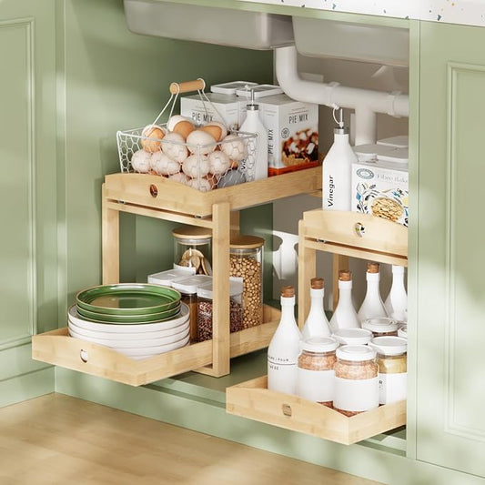 2 Pack Bamboo Under Sink Organizer, 2-Tier Sliding Drawers for Cabinets | Pull-out drawers keep cleaners and tall bottles visible, organized and easy to reach in kitchen or bathroom cabinets by HEALTHYYOU