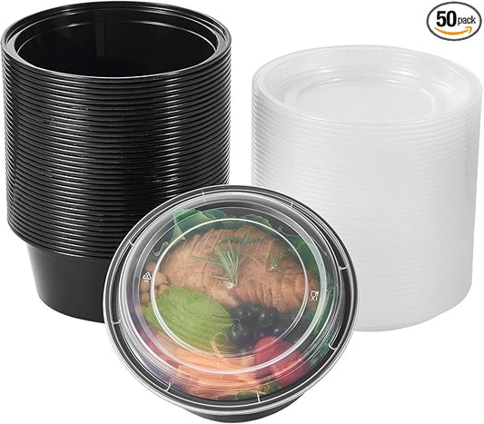 38 oz 50 ct Round Meal Prep Containers with Lids Plastic Food Storage To Go Lunch Plan Box Disposable Take Out Bowls Black BPA Free Reusable Durable Stackable Microwave Freezer Dishwasher Safe by FULING