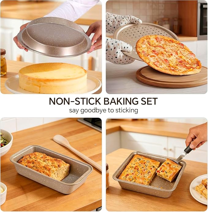 11 Piece Baking Pan Set | Nonstick & Non Toxic Bakeware Sets Baking Set | Carbon Steel Baking Supplies Include Notebook, Cookie Sheets, Roasting Pan, Muffin Pan, Cake Pan, Pizza Pan, Loaf Pan - Image 4