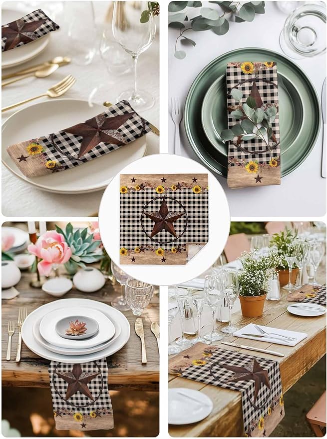 Farmhouse Western Star Cloth Napkins Washable Set of 6, 20 x 20 Inch Reusable Vintage Country Brown Plaid Dinner Table Napkins Cloth Bulk for Weddings Kitchen Restaurants Hotel Events Parties - Image 4