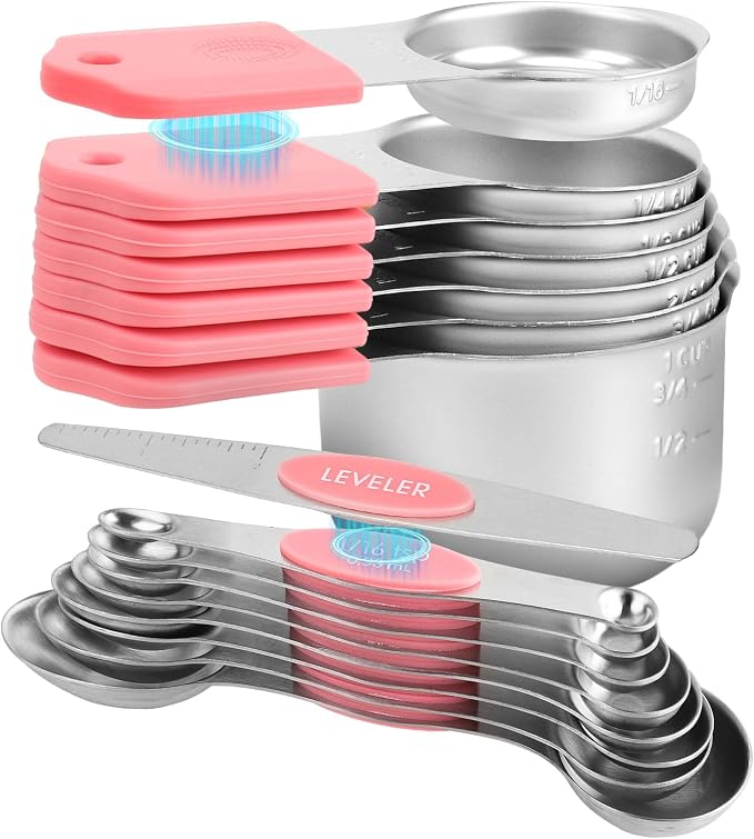 16-Piece Magnetic Measuring Cups and Spoons Set, Stainless Steel, Pink | 7 Silicone-Grip Cups, 8 Metal Spoons, 1 Leveler, US and Metric Marks for Dry & Liquid Ingredients, Kitchen Essentials Gadgets by FONYA