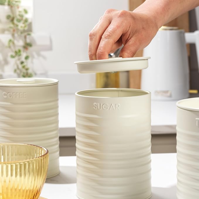 Russell Hobbs RH03268CEU7 Ribbed 3-Piece Canister Set – Set of 3 Kitchen Storage Canisters for Tea, Coffee and Sugar, Durable Powder-Coated Steel, Pull Top Lids, Easy to Clean, Ribbed Design, Cream - Image 5