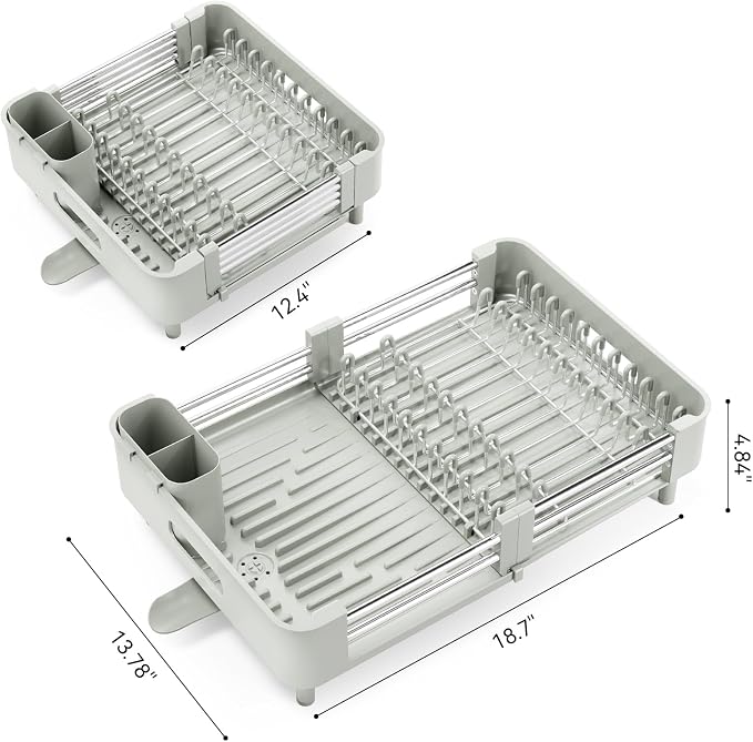 Urackify Extendable Stainless Dish Drying Rack for Kitchen Counter | 13.78"W x 18.7"L, Foldable Drainboard for Space Saving, Knife and Utensil Holder, Fast-draining Spout, Soft Celery Green - Image 2