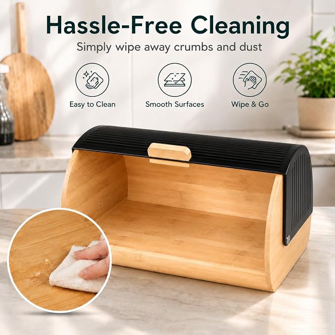 Bread Box for Kitchen Countertop, Large Bread Storage Container with Bamboo Base and Black Roll Top Lid, Modern Bread Holder for Loaves, Bagels, Pastries and More - Image 3